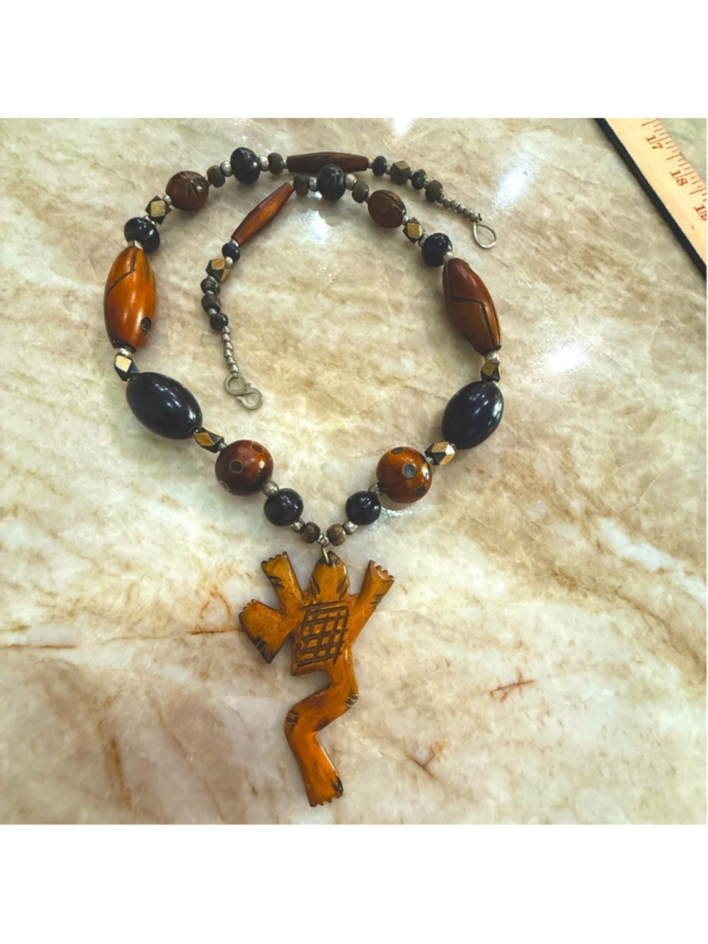 Handcrafted Wooden and Black Beaded Necklace with carved frog. Made in India.